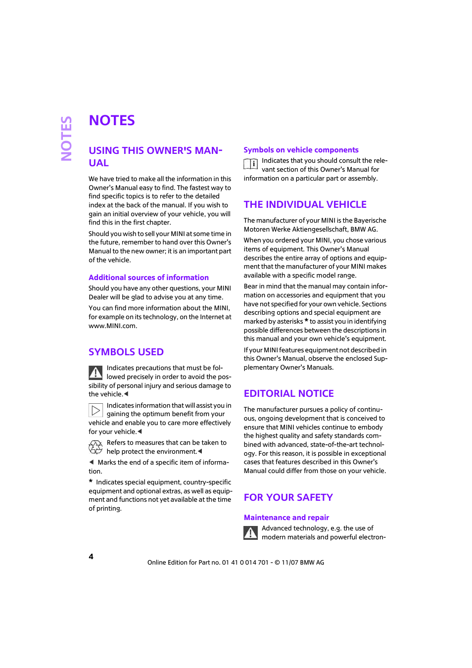 Notes, Using this owner's man ual, Symbols used | The individual vehicle, Editorial notice, For your safety, No te s, Using this owner's man- ual | Mini 2008 Cooper User Manual | Page 6 / 164