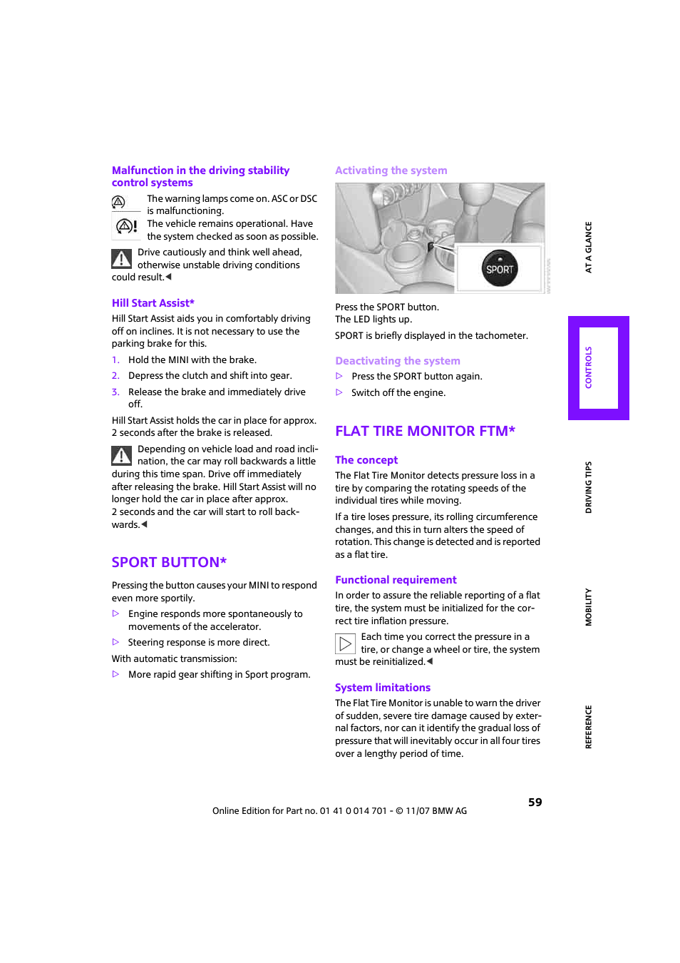 Sport button, Flat tire monitor ftm | Mini 2008 Cooper User Manual | Page 61 / 164
