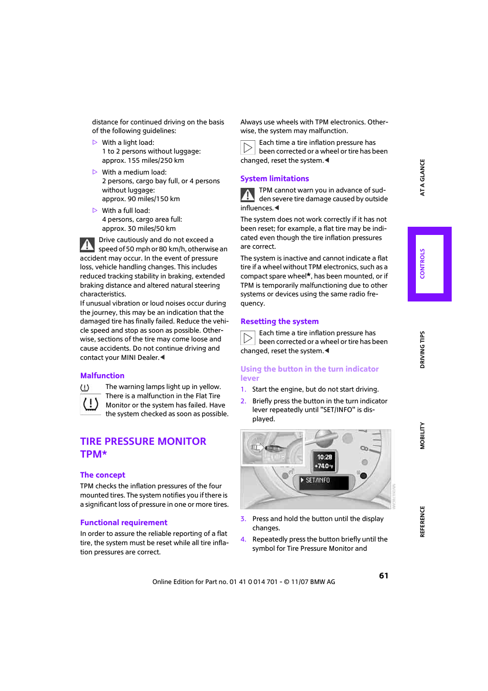 Tire pressure monitor tpm | Mini 2008 Cooper User Manual | Page 63 / 164