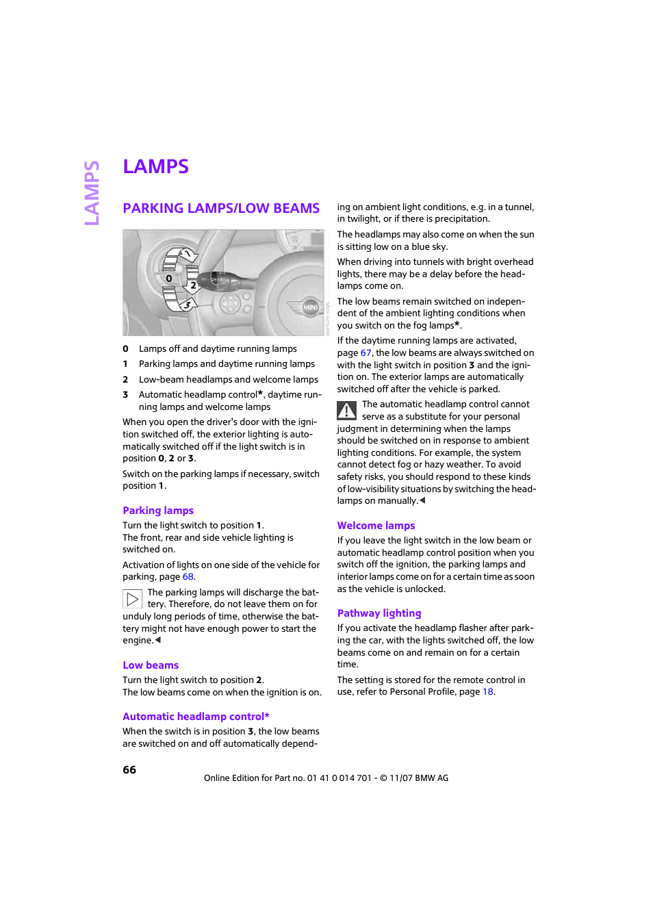 Lamps, Parking lamps/low beams, Lamp s | Mini 2008 Cooper User Manual | Page 68 / 164