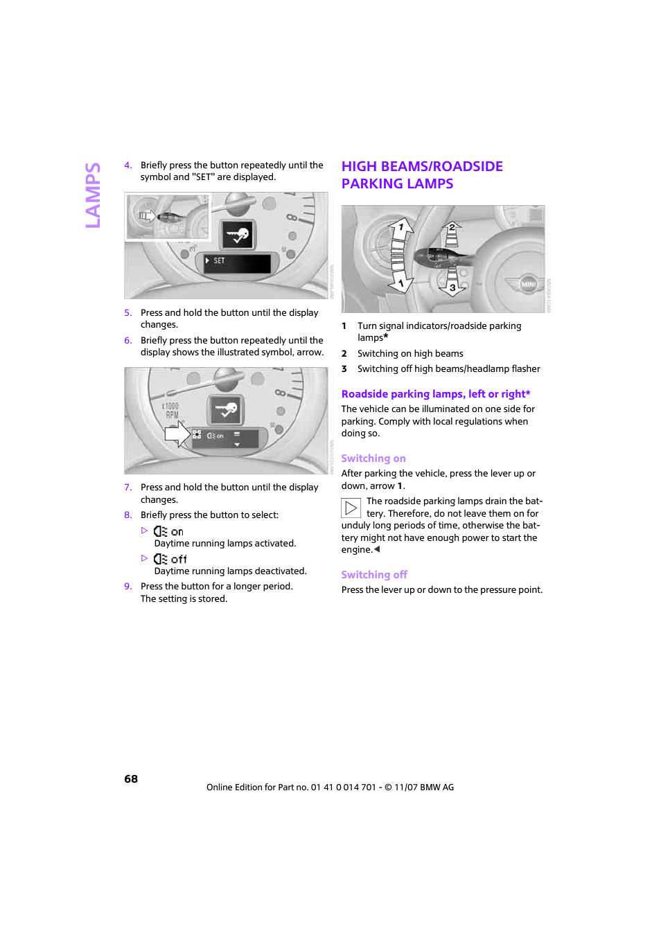 High beams/roadside parking lamps, Lamp s | Mini 2008 Cooper User Manual | Page 70 / 164