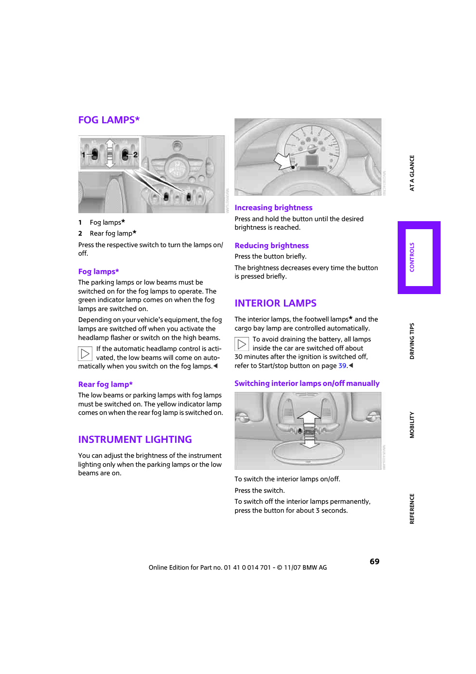 Fog lamps, Instrument lighting, Interior lamps | Mini 2008 Cooper User Manual | Page 71 / 164