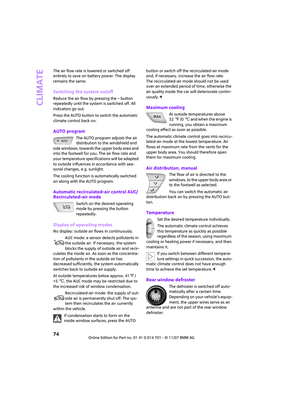 Auto program, Climat e | Mini 2008 Cooper User Manual | Page 76 / 164