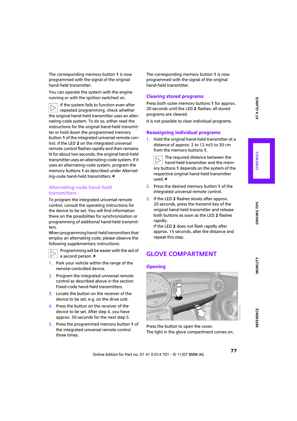 Glove compartment | Mini 2008 Cooper User Manual | Page 79 / 164