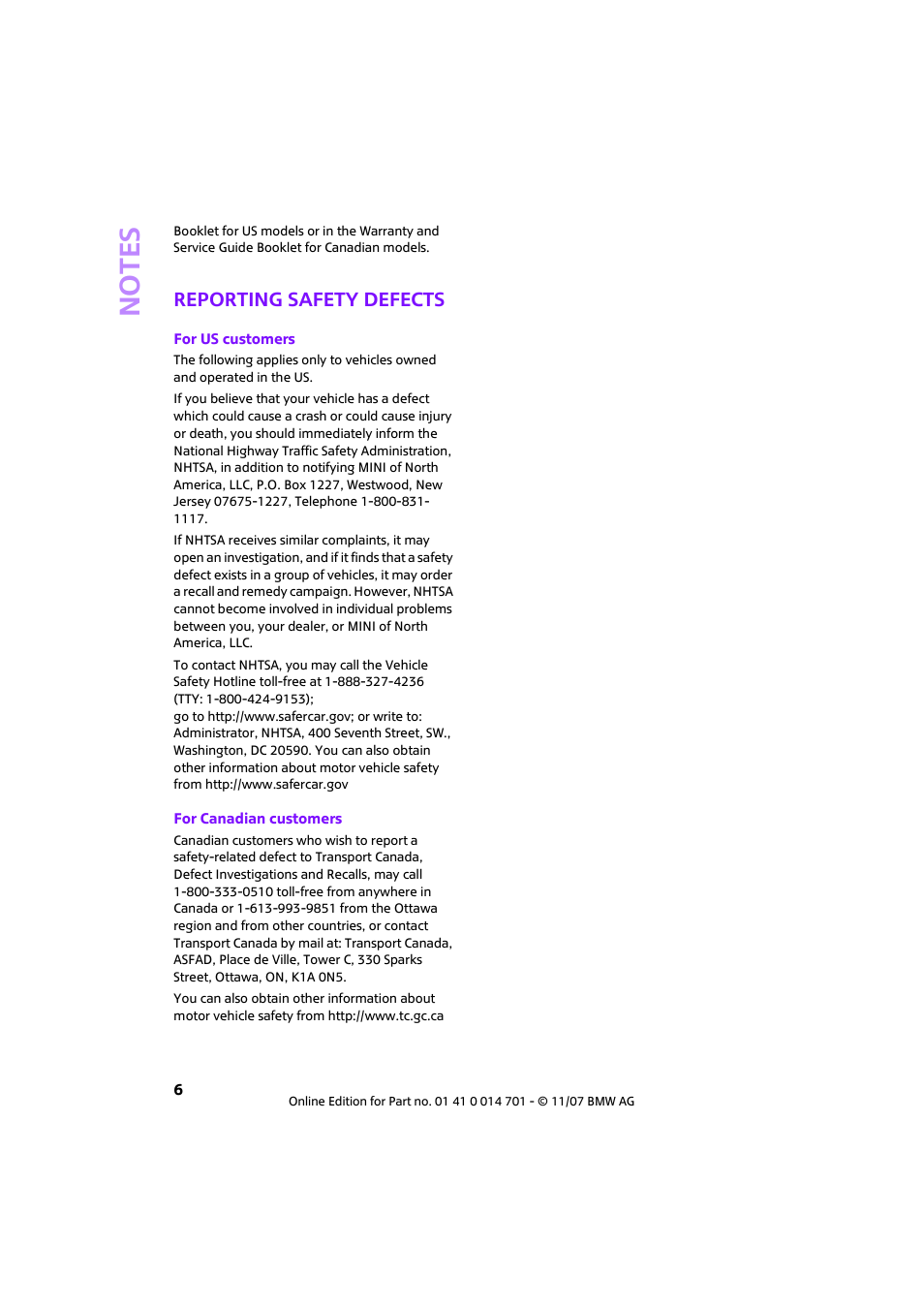 Reporting safety defects, No te s | Mini 2008 Cooper User Manual | Page 8 / 164