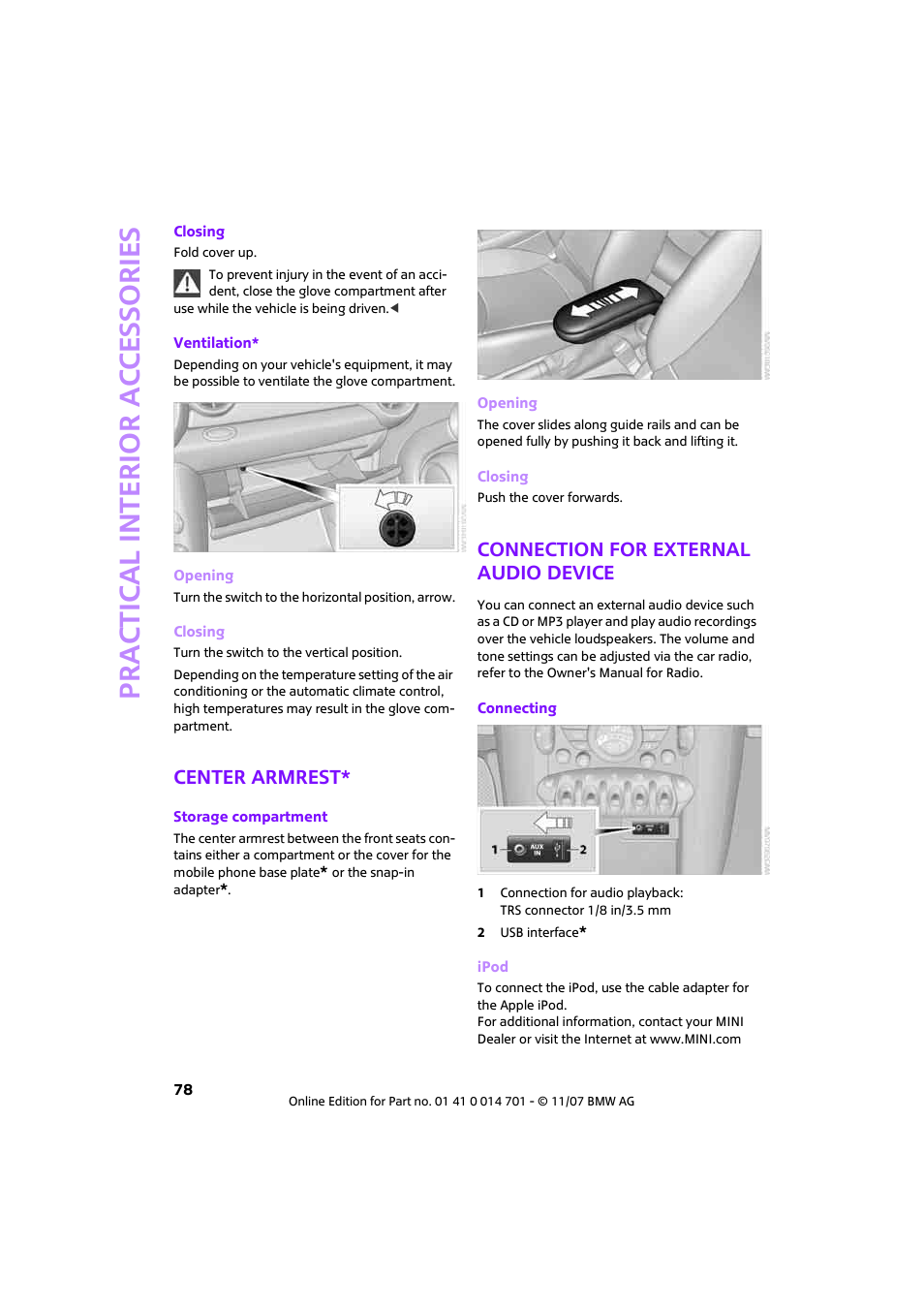 Center armrest, Connection for external audio device, Prac tic a l interio r ac cess o r ie s | Mini 2008 Cooper User Manual | Page 80 / 164