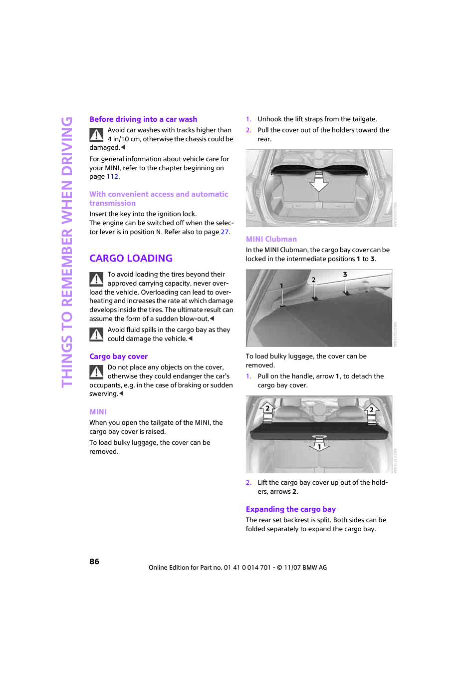 Cargo loading, Things to remember when driving | Mini 2008 Cooper User Manual | Page 88 / 164
