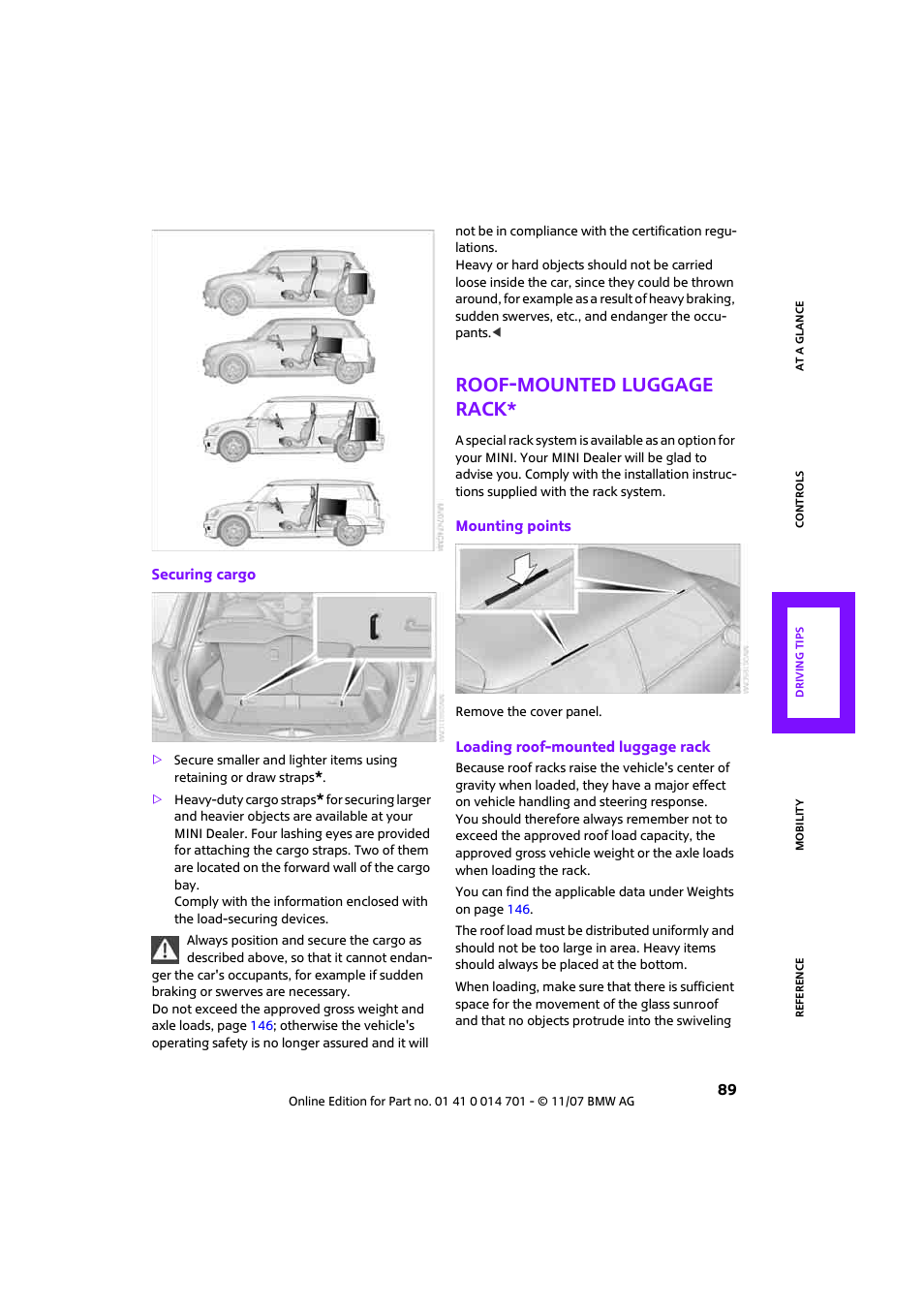 Roof-mounted luggage rack | Mini 2008 Cooper User Manual | Page 91 / 164