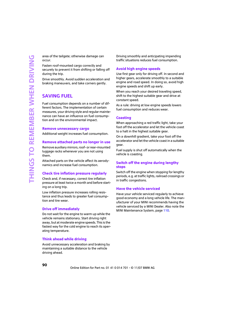 Saving fuel, Things to remember when driving | Mini 2008 Cooper User Manual | Page 92 / 164