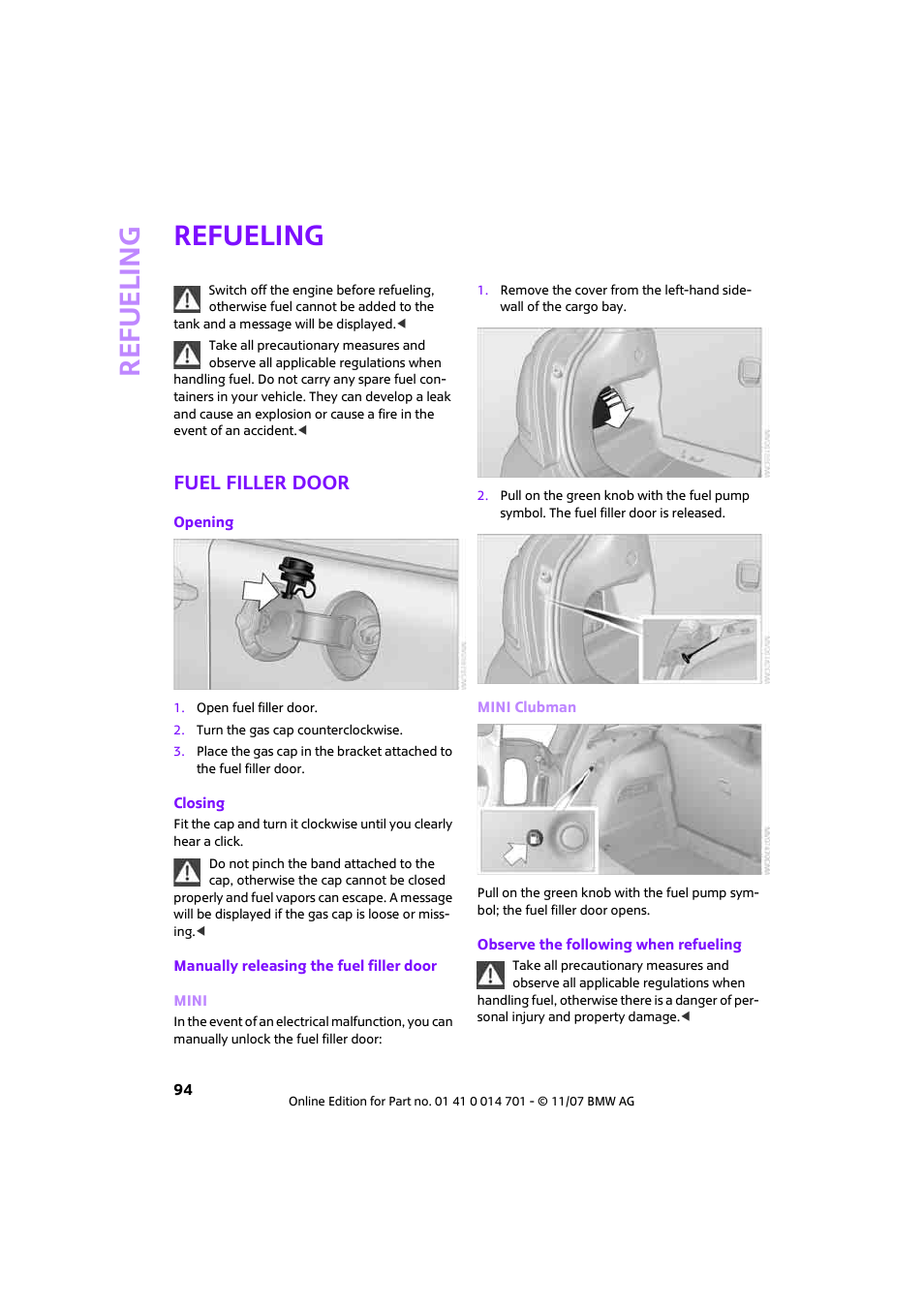 Refueling, Fuel filler door | Mini 2008 Cooper User Manual | Page 96 / 164