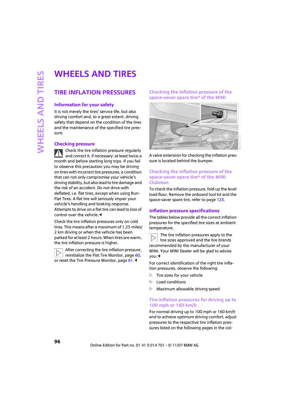 Wheels and tires, Tire inflation pressures, Whee ls and tire s | Mini 2008 Cooper User Manual | Page 98 / 164