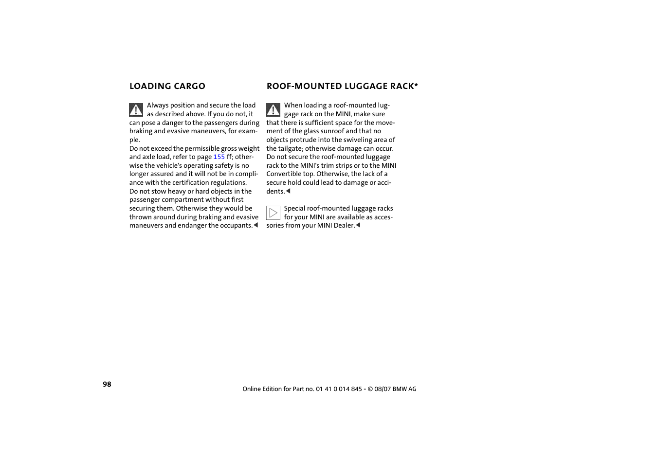 Loading cargo, Roof-mounted luggage rack | Mini 2008 Cooper Convertible User Manual | Page 100 / 176