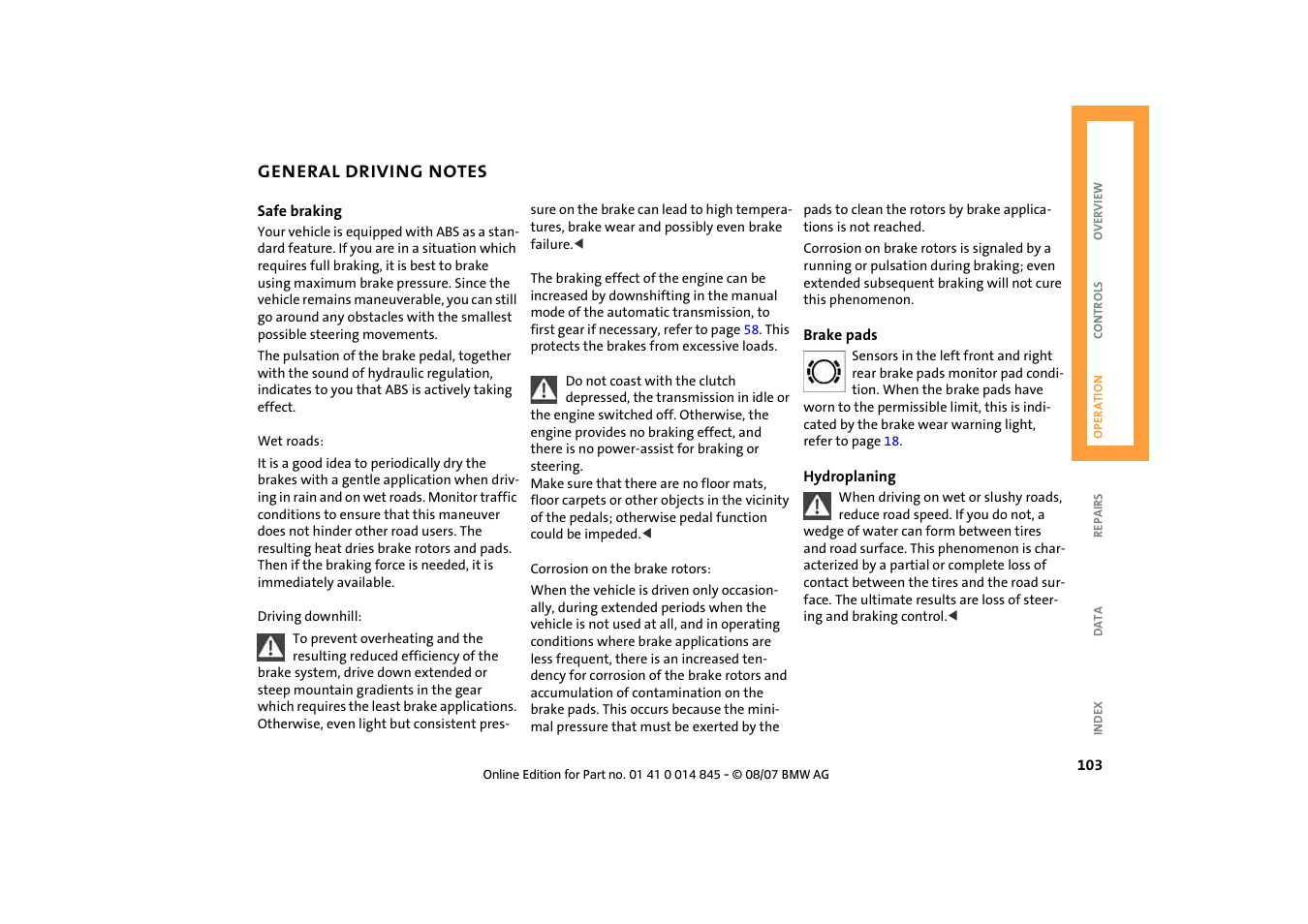 General driving notes | Mini 2008 Cooper Convertible User Manual | Page 105 / 176