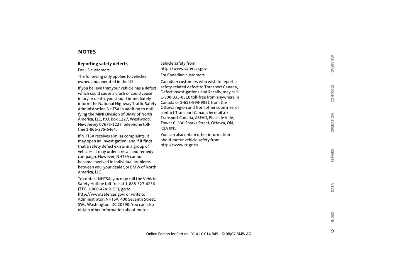 Notes, Reporting safety defects 9 | Mini 2008 Cooper Convertible User Manual | Page 11 / 176