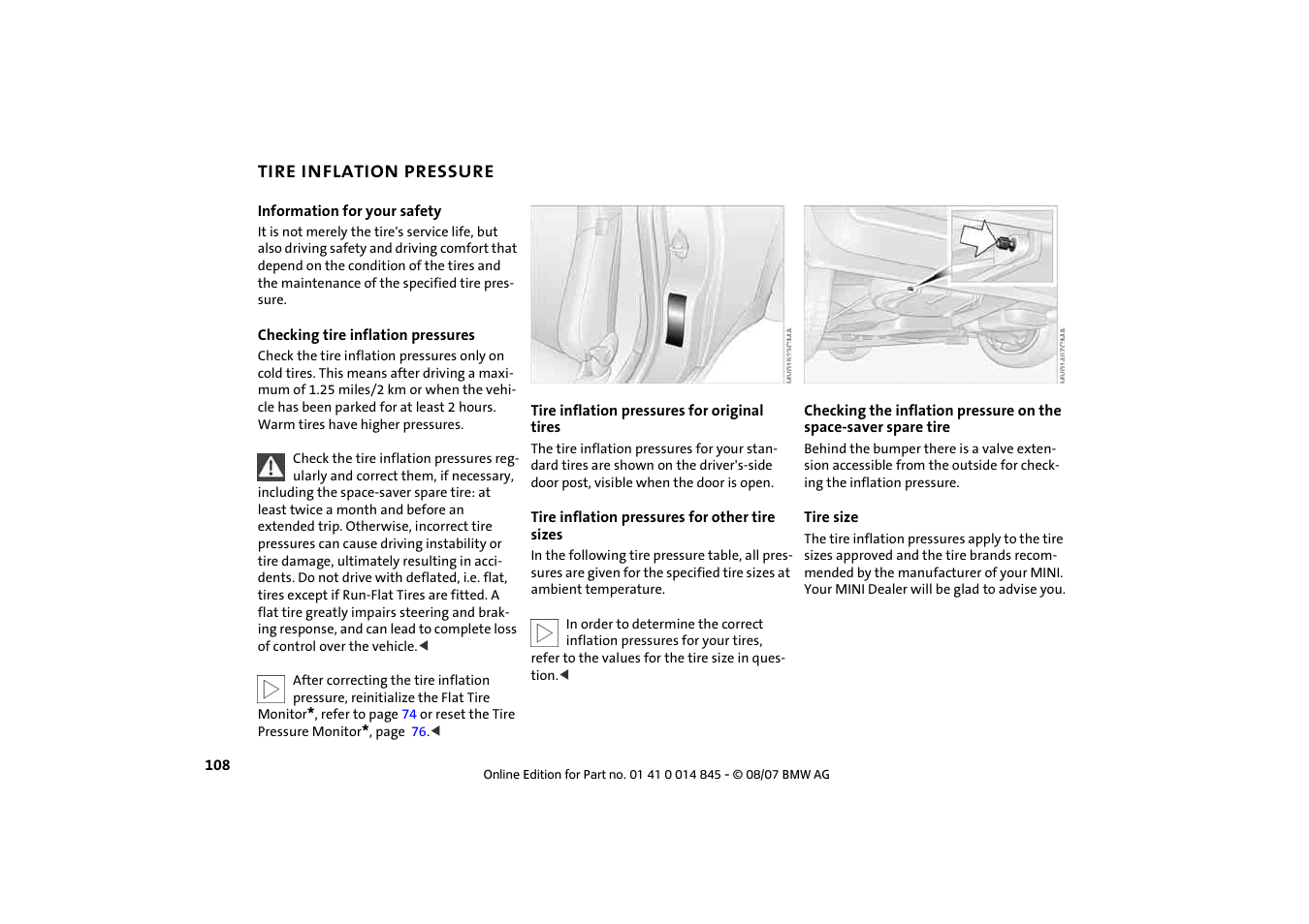 Tire inflation pressure, Tire inflation pressure 108 | Mini 2008 Cooper Convertible User Manual | Page 110 / 176