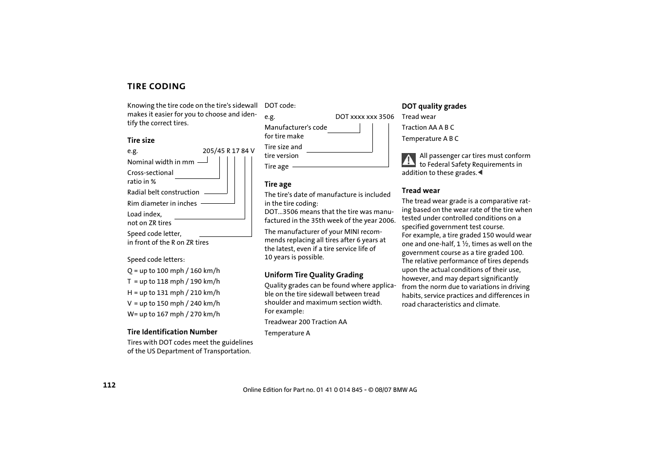 Tire coding, Tire coding 112 | Mini 2008 Cooper Convertible User Manual | Page 114 / 176