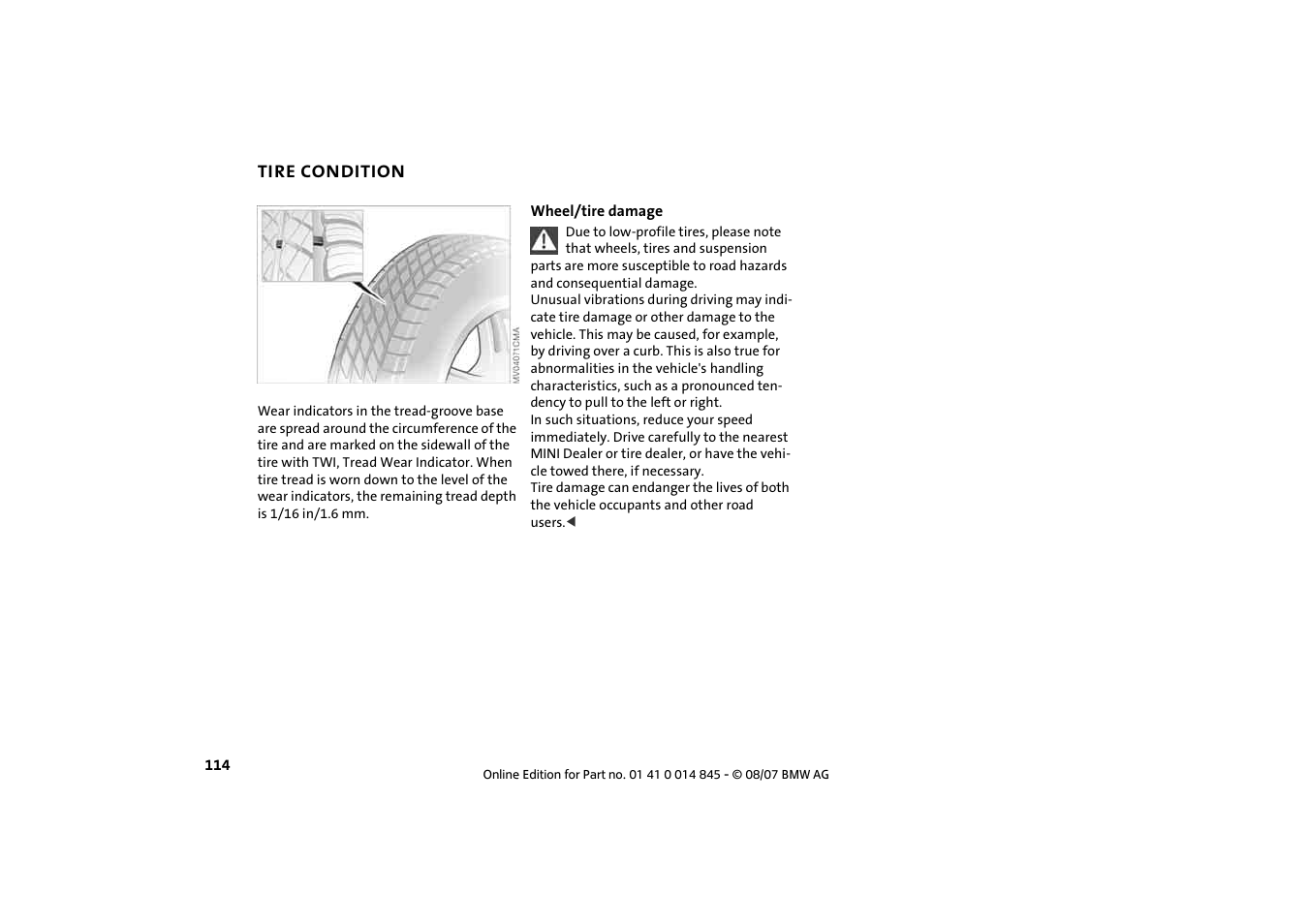 Tire condition | Mini 2008 Cooper Convertible User Manual | Page 116 / 176