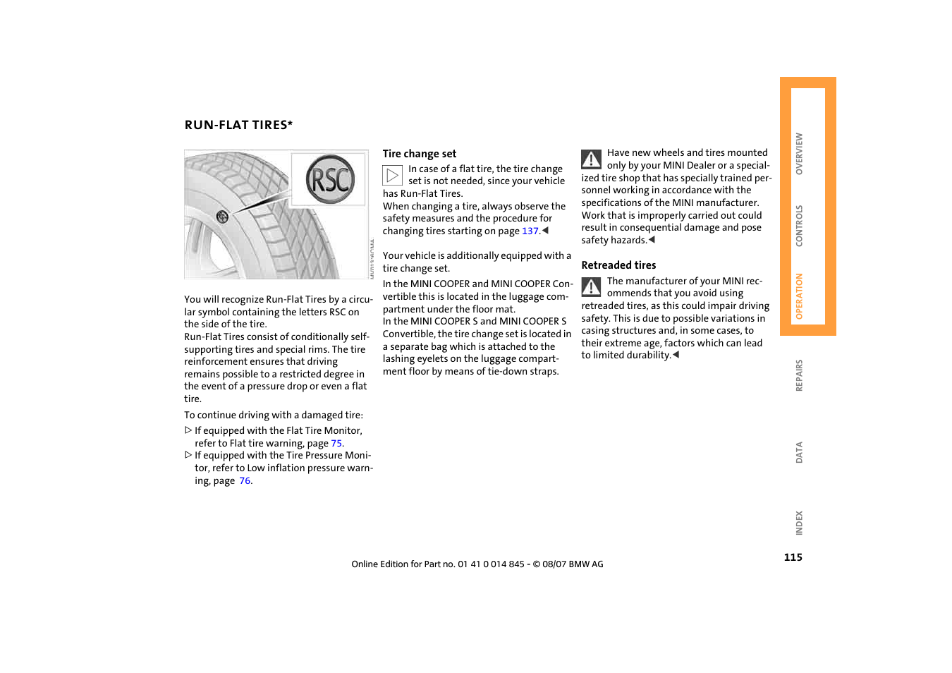 Run-flat tires | Mini 2008 Cooper Convertible User Manual | Page 117 / 176