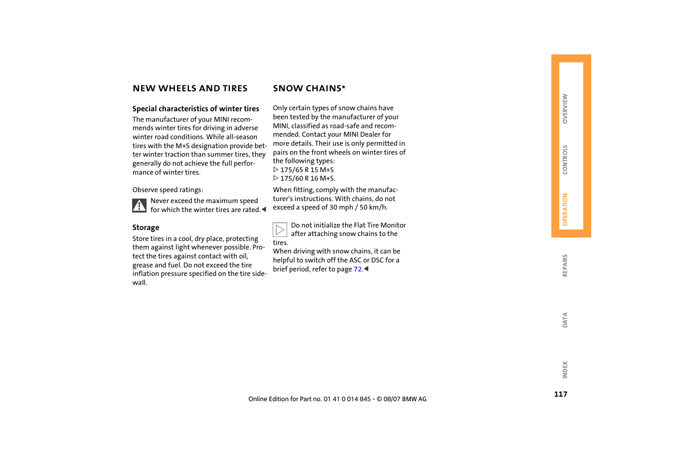 New wheels and tires, Snow chains | Mini 2008 Cooper Convertible User Manual | Page 119 / 176