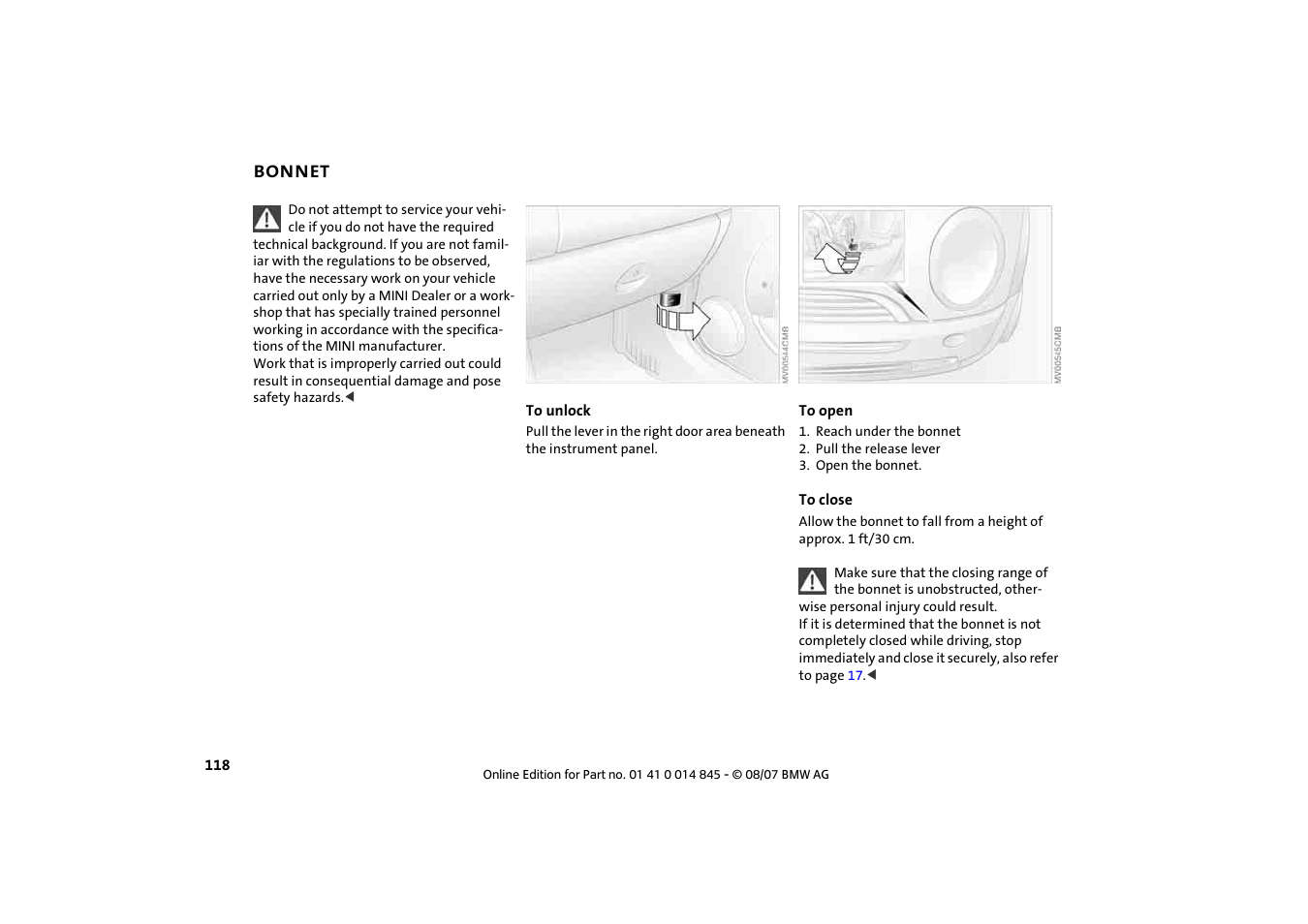 Bonnet, Bonnet 118 | Mini 2008 Cooper Convertible User Manual | Page 120 / 176