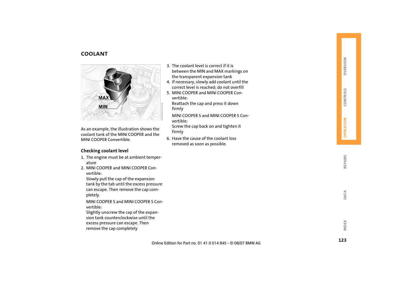 Coolant | Mini 2008 Cooper Convertible User Manual | Page 125 / 176