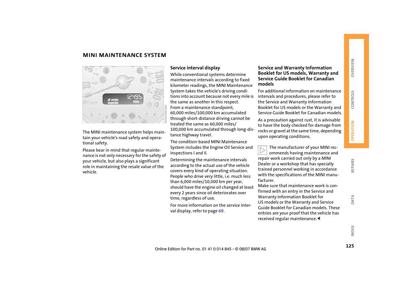 Mini maintenance system, Mini maintenance system 125 | Mini 2008 Cooper Convertible User Manual | Page 127 / 176