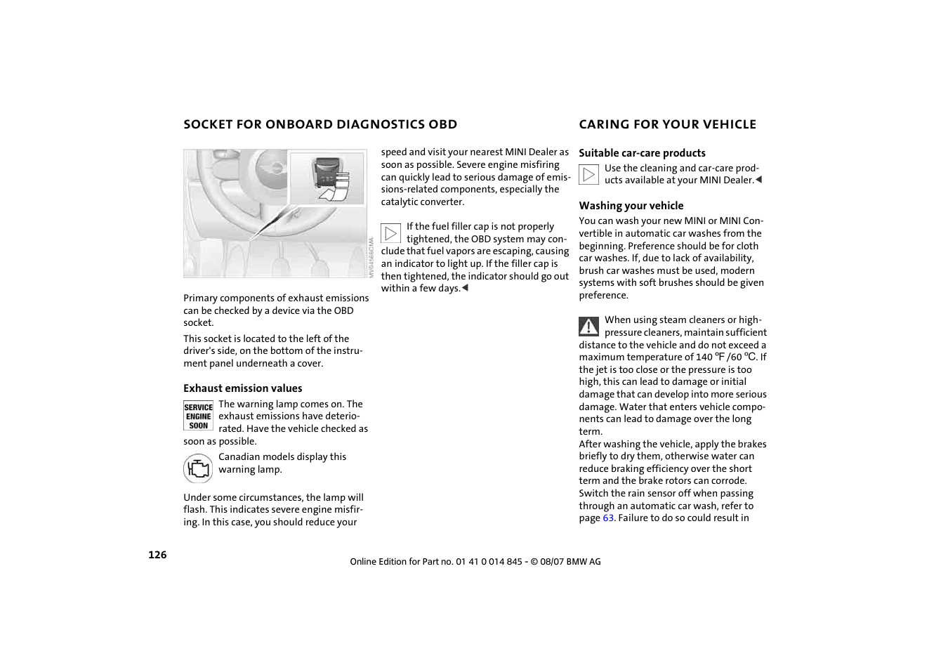Socket for onboard diagnostics obd, Caring for your vehicle, Socket for onboard diagnostics | Obd 126, Caring for your vehicle 126 | Mini 2008 Cooper Convertible User Manual | Page 128 / 176