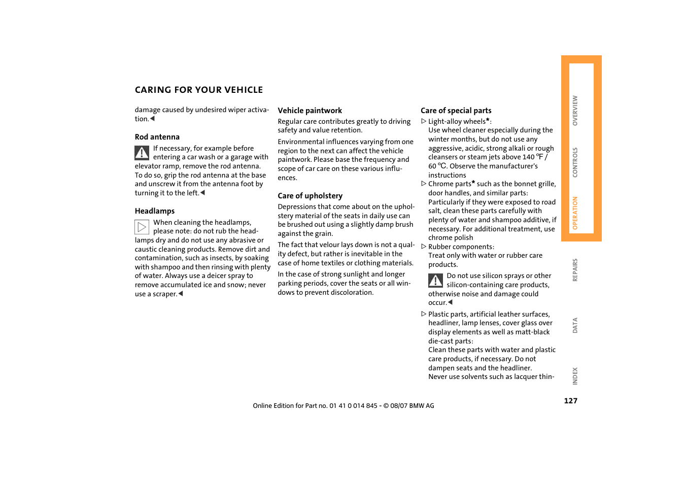 Caring for your vehicle | Mini 2008 Cooper Convertible User Manual | Page 129 / 176