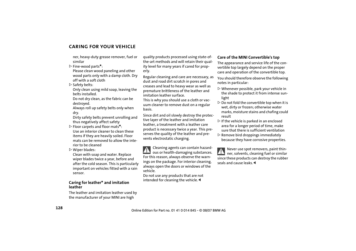 Caring for your vehicle | Mini 2008 Cooper Convertible User Manual | Page 130 / 176