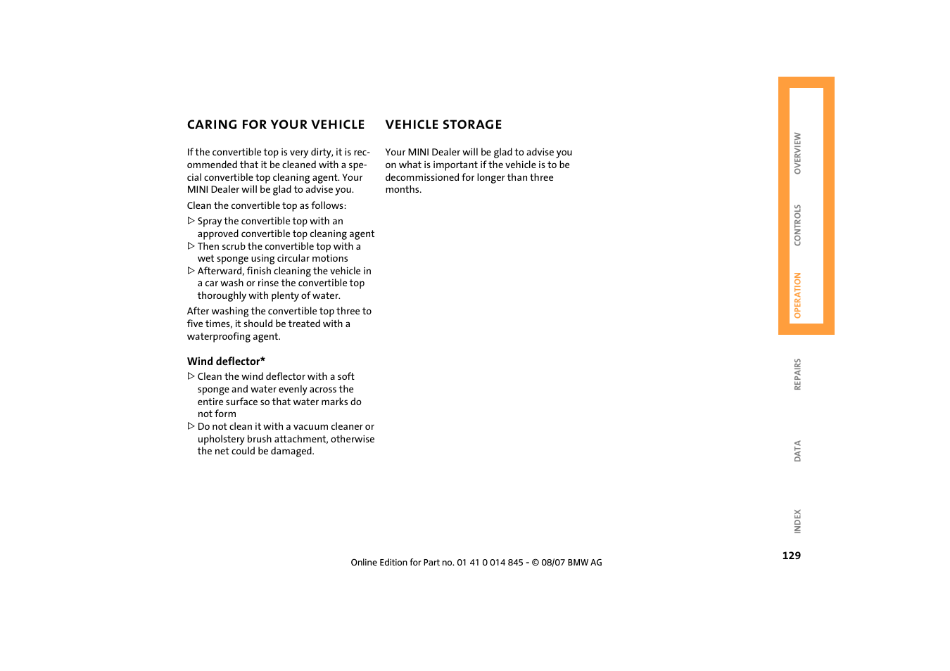 Caring for your vehicle, Vehicle storage, Vehicle storage 129 | Mini 2008 Cooper Convertible User Manual | Page 131 / 176