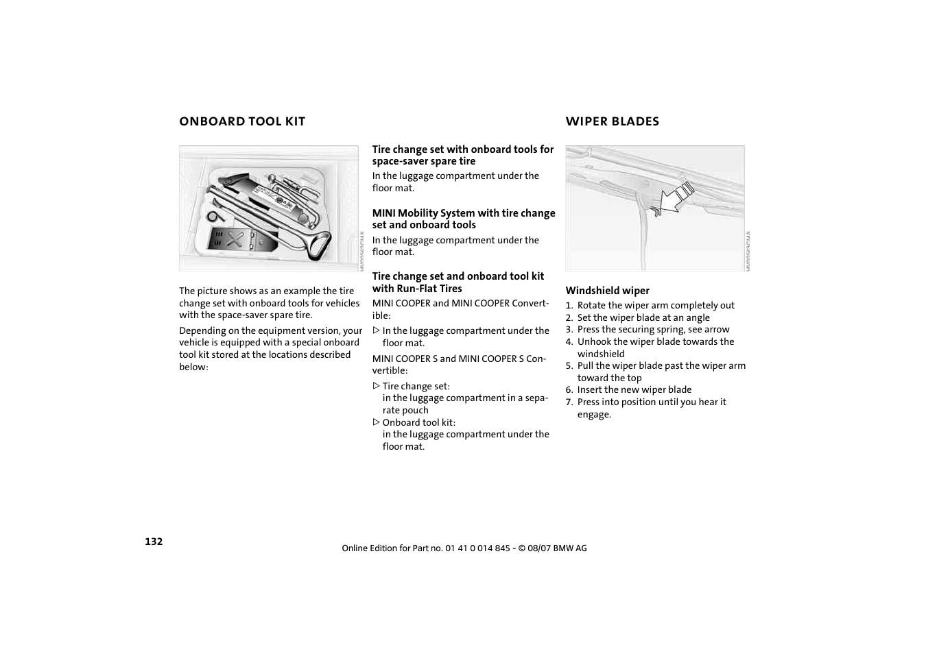 Onboard tool kit, Wiper blades, Onboard tool kit 132 wiper blades 132 | Mini 2008 Cooper Convertible User Manual | Page 134 / 176