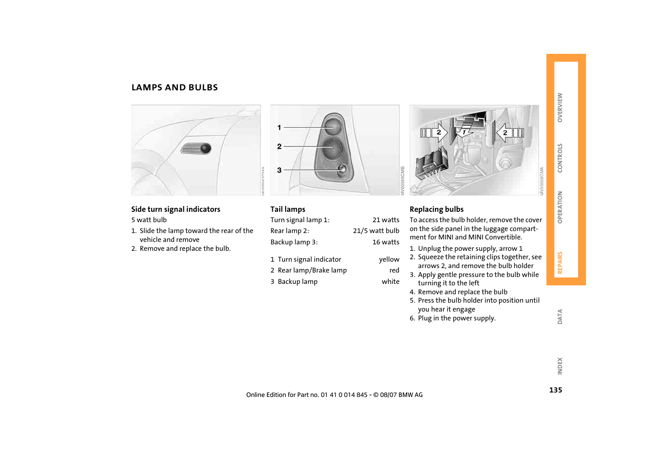 Lamps and bulbs | Mini 2008 Cooper Convertible User Manual | Page 137 / 176