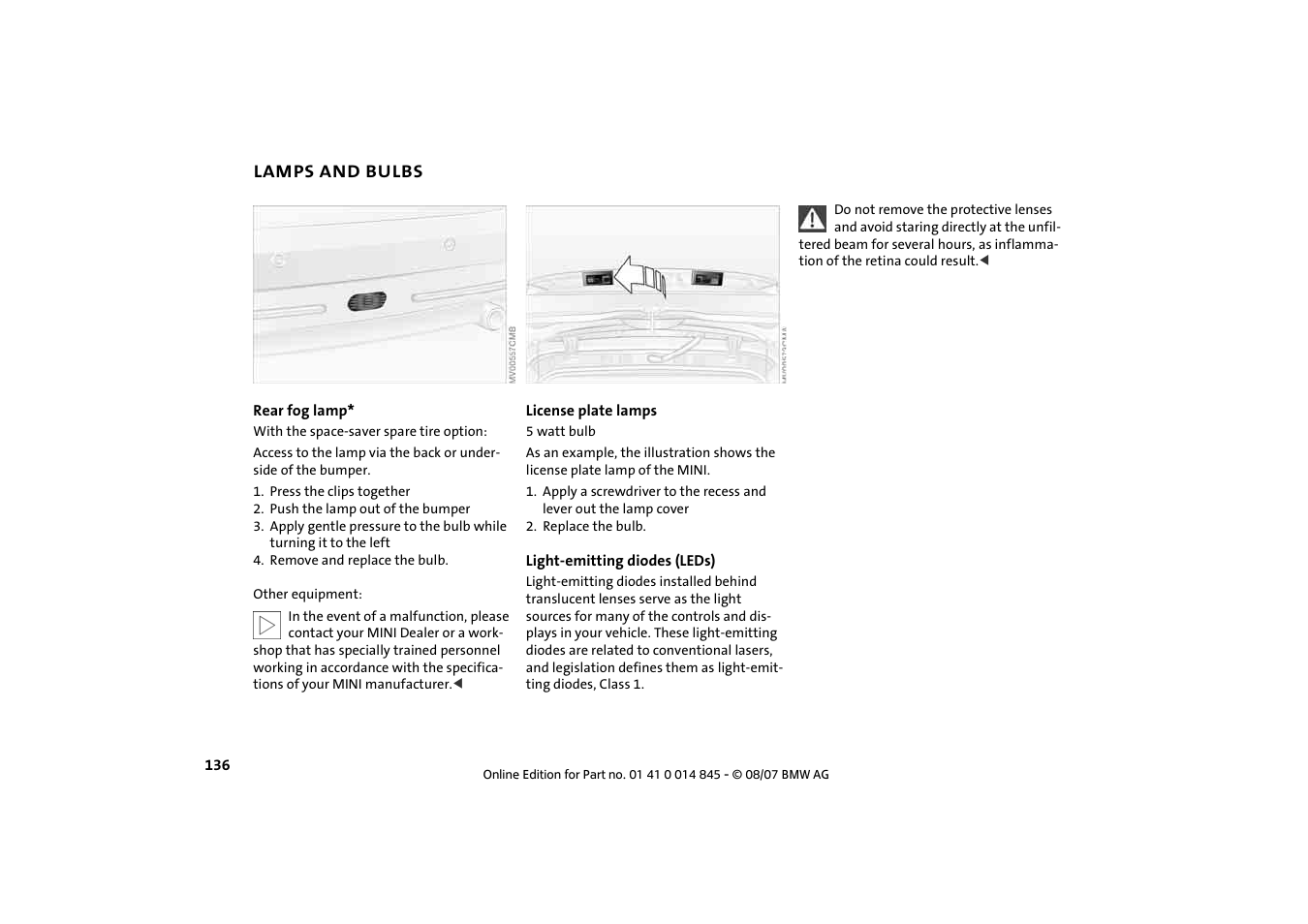 Lamps and bulbs | Mini 2008 Cooper Convertible User Manual | Page 138 / 176