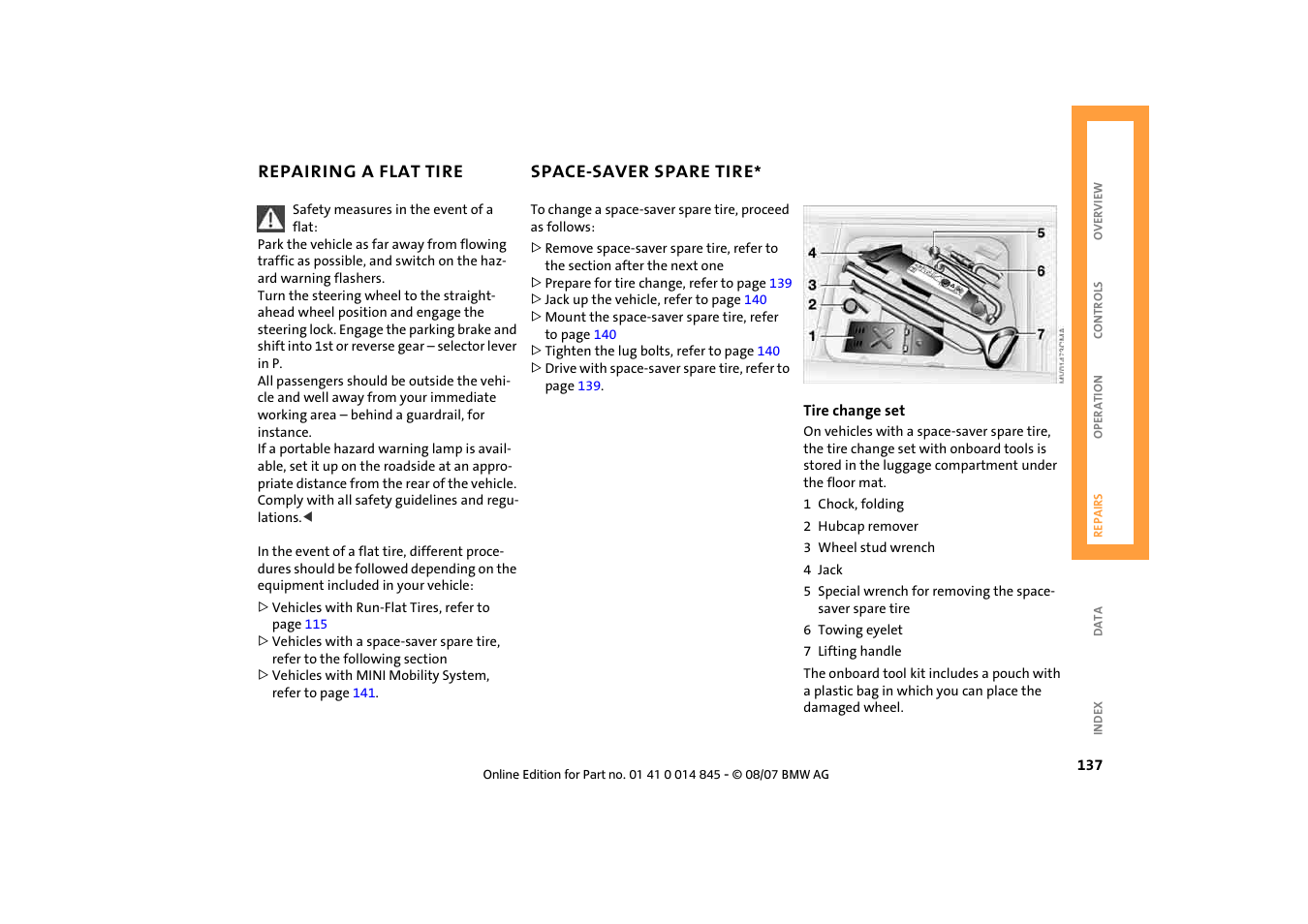 Repairing a flat tire, Space-saver spare tire, Repairing a flat tire 137 | Mini 2008 Cooper Convertible User Manual | Page 139 / 176