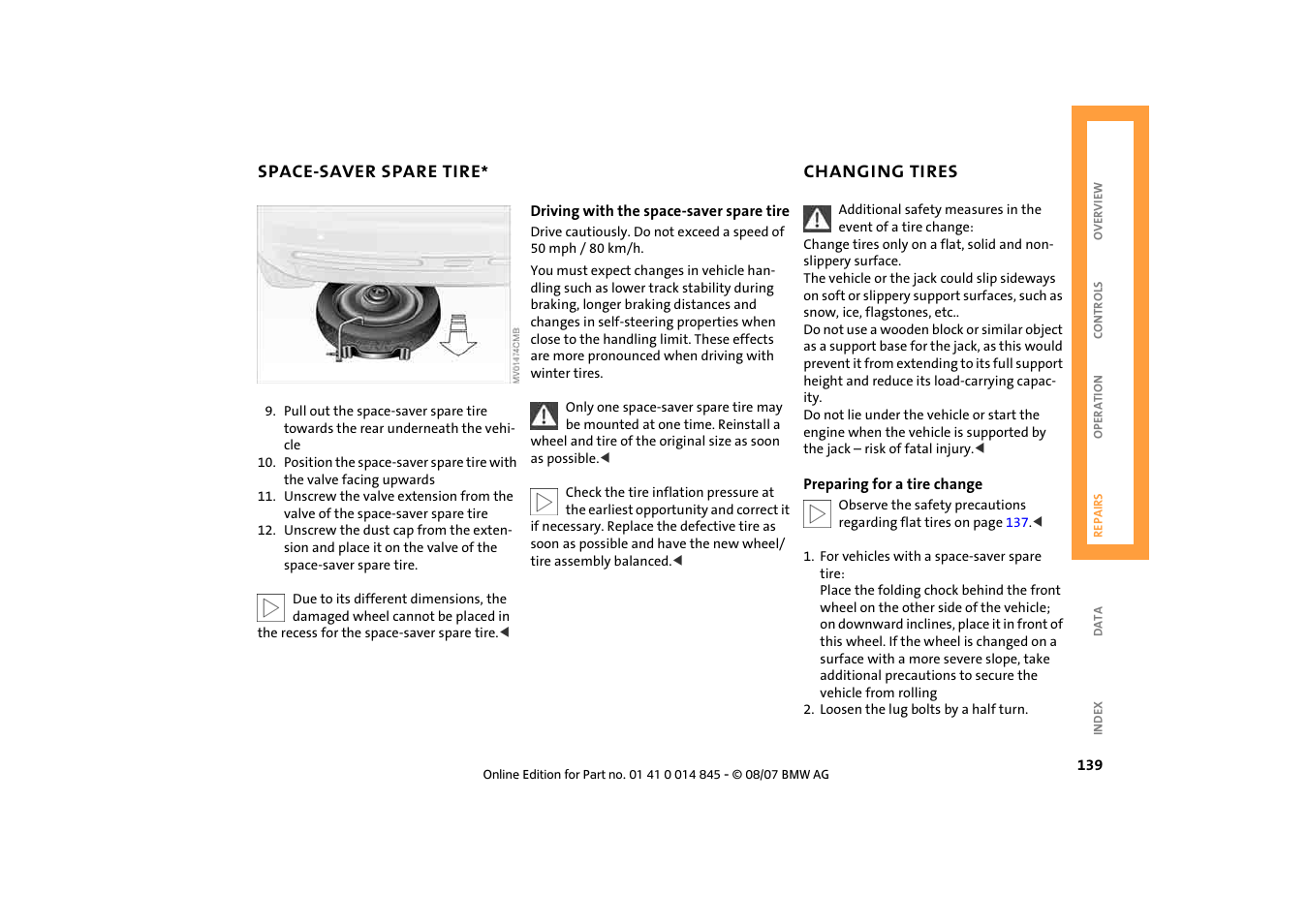 Space-saver spare tire, Changing tires, Changing tires 139 | Mini 2008 Cooper Convertible User Manual | Page 141 / 176