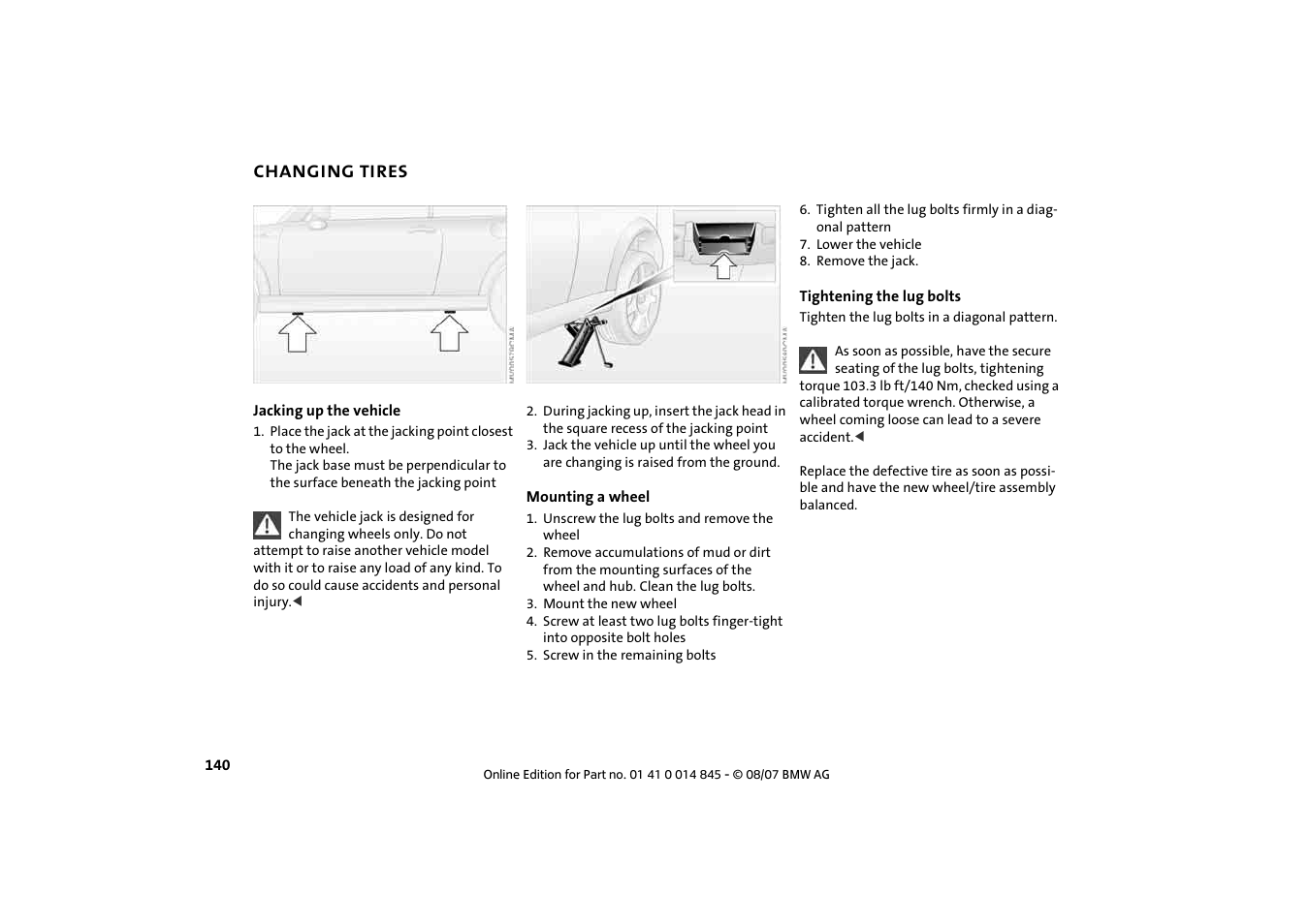 Changing tires | Mini 2008 Cooper Convertible User Manual | Page 142 / 176