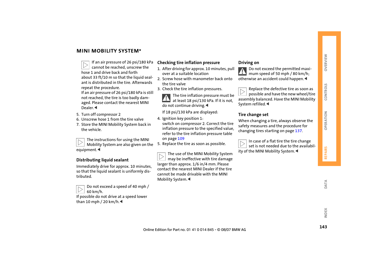 Mini mobility system | Mini 2008 Cooper Convertible User Manual | Page 145 / 176