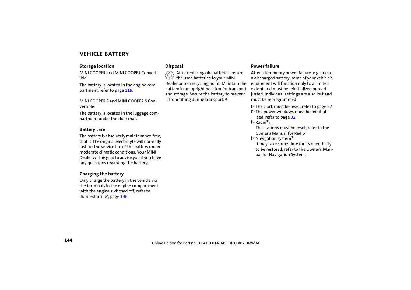 Vehicle battery, Attery | Mini 2008 Cooper Convertible User Manual | Page 146 / 176