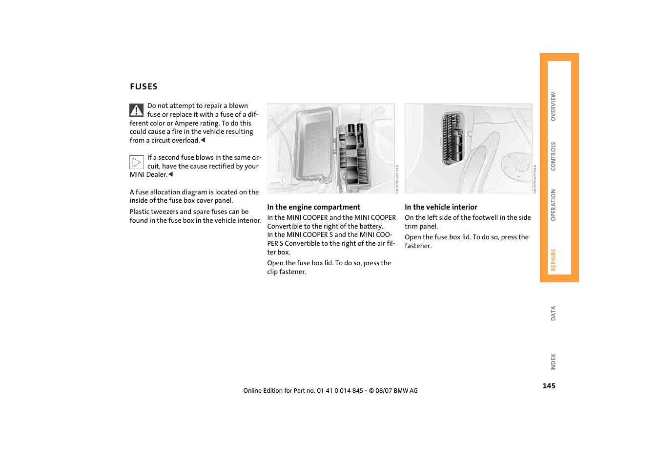 Fuses, Fuses 145 | Mini 2008 Cooper Convertible User Manual | Page 147 / 176