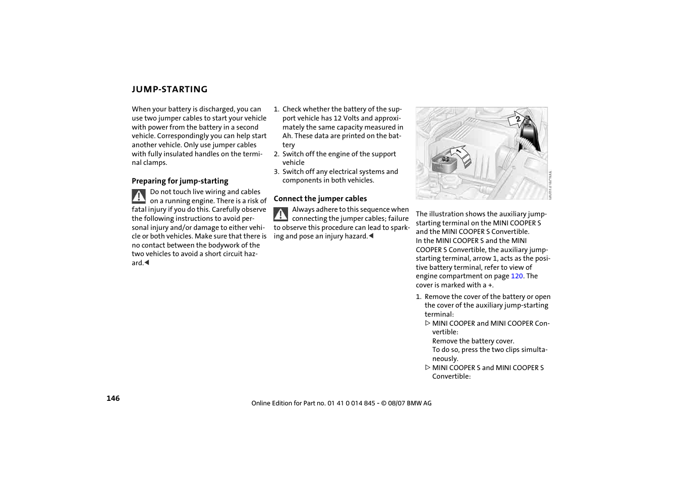 Jump-starting | Mini 2008 Cooper Convertible User Manual | Page 148 / 176