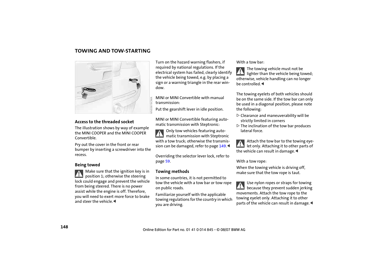 Towing and tow-starting | Mini 2008 Cooper Convertible User Manual | Page 150 / 176