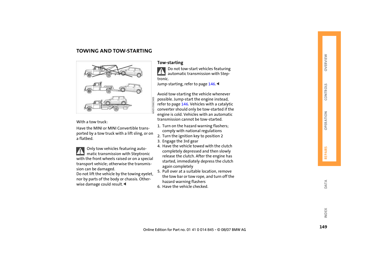 Towing and tow-starting | Mini 2008 Cooper Convertible User Manual | Page 151 / 176