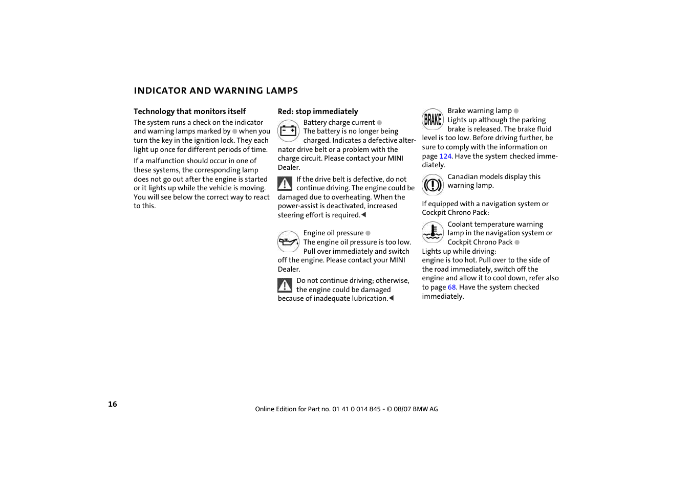 Indicator and warning lamps, Indicator and warning lamps 16 | Mini 2008 Cooper Convertible User Manual | Page 18 / 176