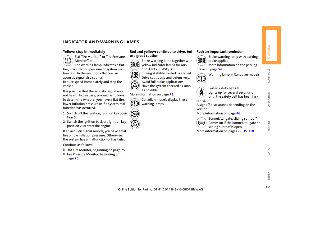 Indicator and warning lamps | Mini 2008 Cooper Convertible User Manual | Page 19 / 176