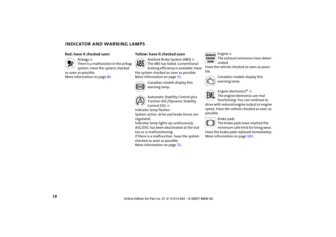 Indicator and warning lamps | Mini 2008 Cooper Convertible User Manual | Page 20 / 176