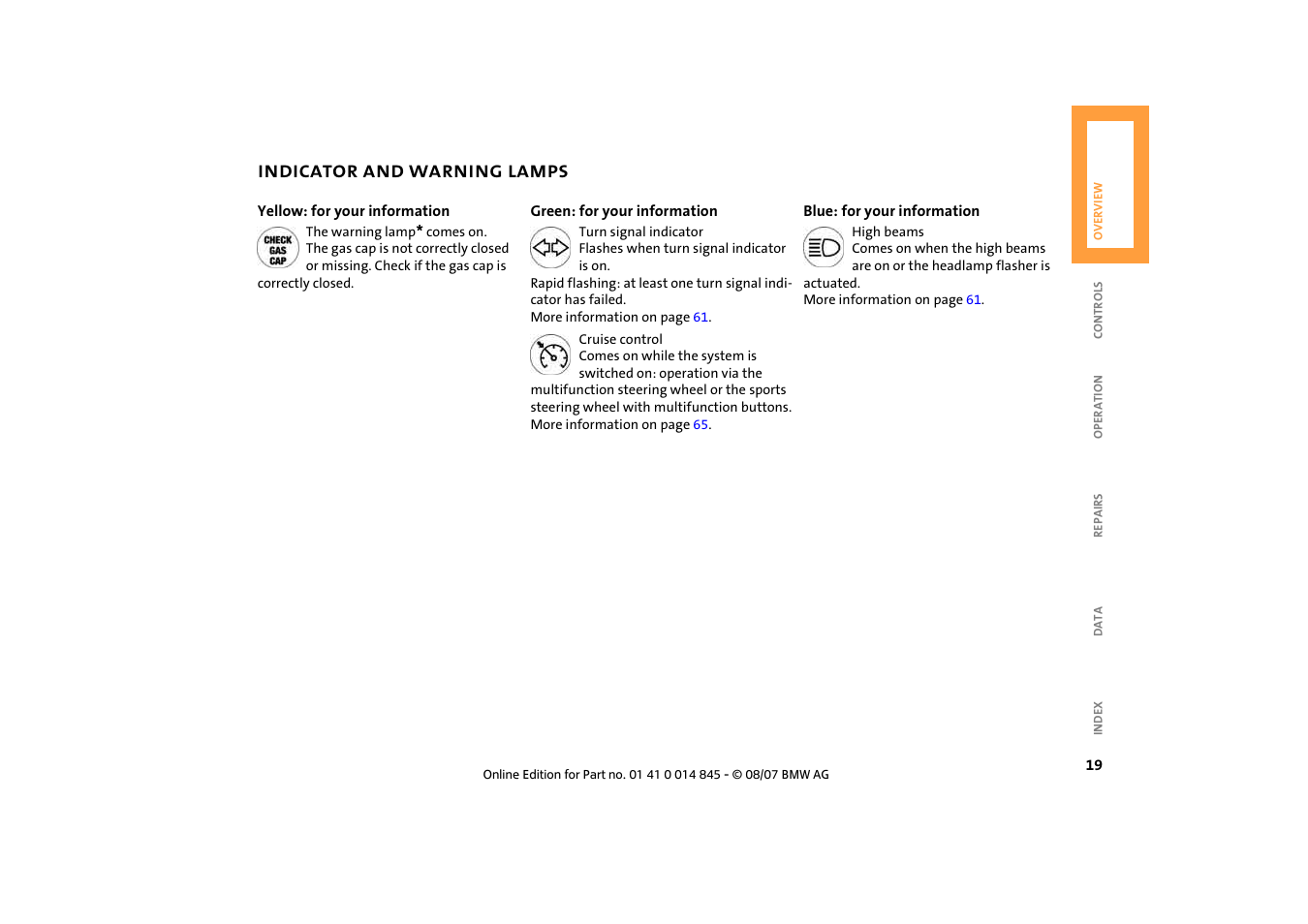 Indicator and warning lamps | Mini 2008 Cooper Convertible User Manual | Page 21 / 176
