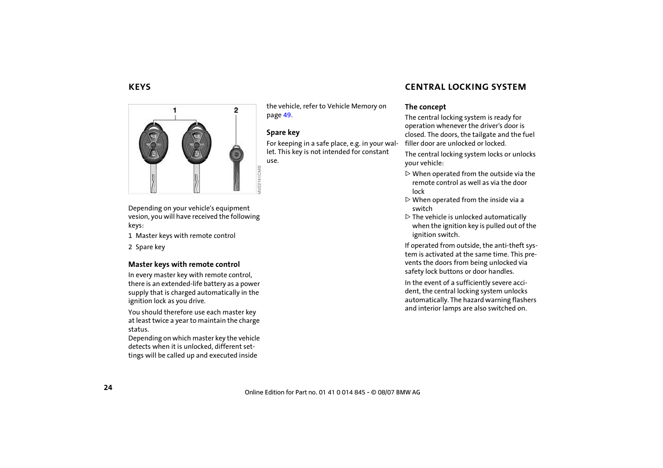 Keys, Central locking system, Keys 24 central locking system 24 | Mini 2008 Cooper Convertible User Manual | Page 26 / 176