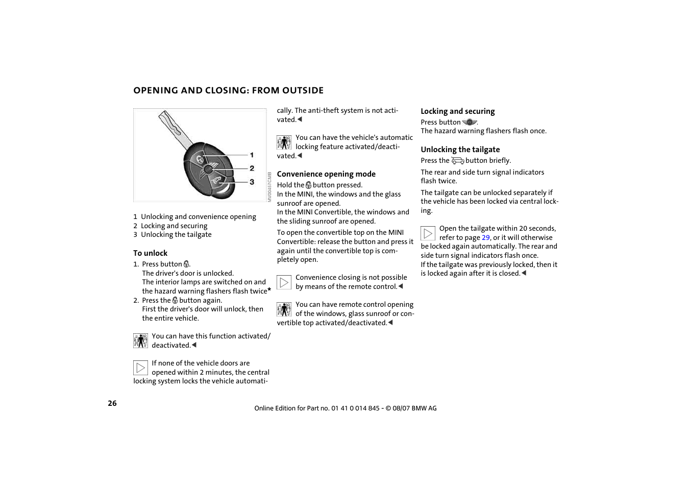 Opening and closing: from outside | Mini 2008 Cooper Convertible User Manual | Page 28 / 176