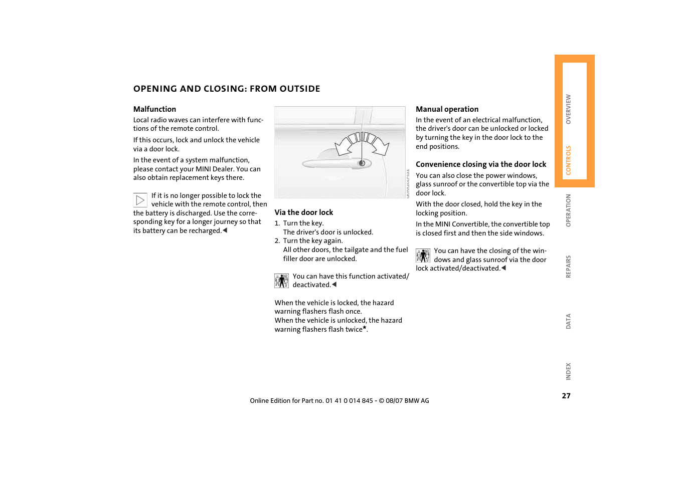 Opening and closing: from outside | Mini 2008 Cooper Convertible User Manual | Page 29 / 176