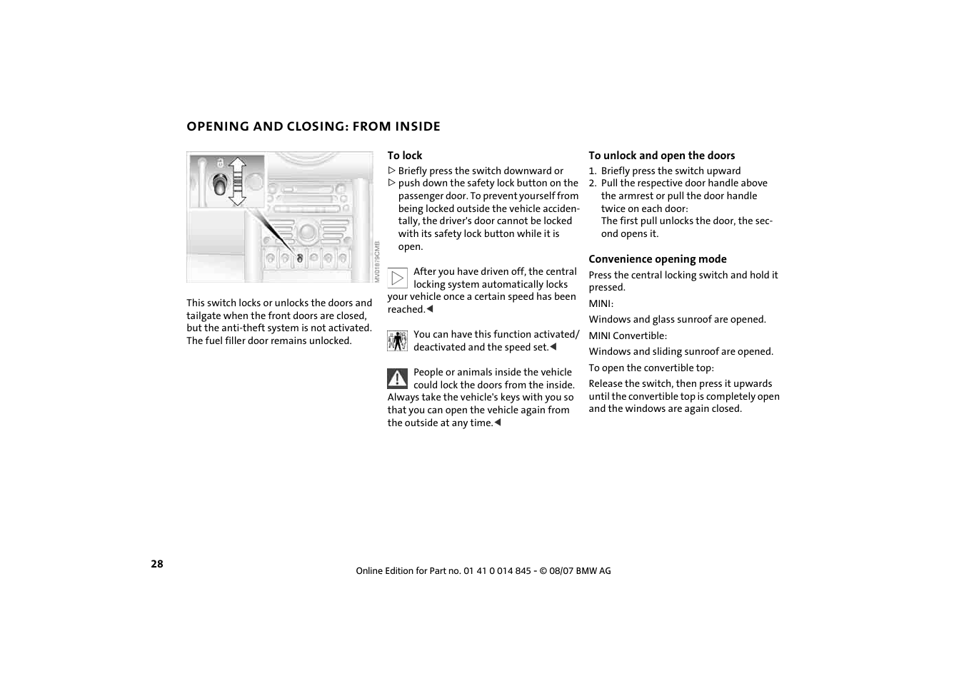 Opening and closing: from inside, Opening and closing: from inside 28 | Mini 2008 Cooper Convertible User Manual | Page 30 / 176